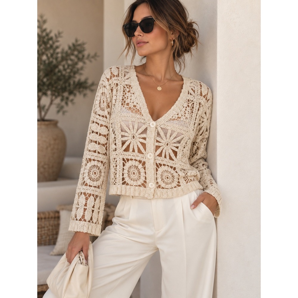 Commense Cream Crochet Floral Patchwork Button Front Cardigan Sweater Small